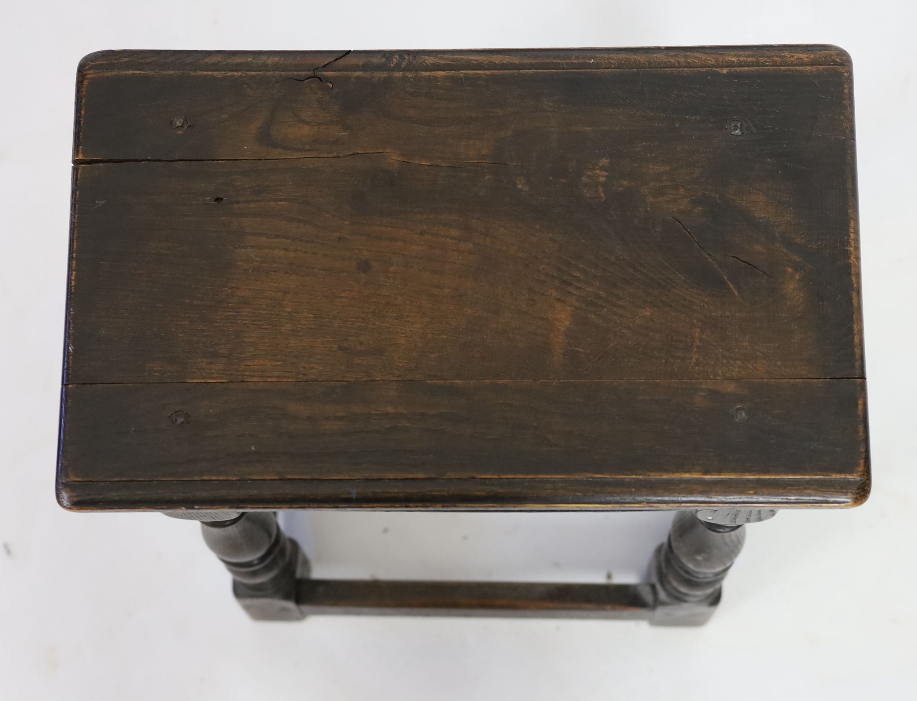 An 18th century style rectangular oak joint stool, width 42cm depth 25cm height 44cm
